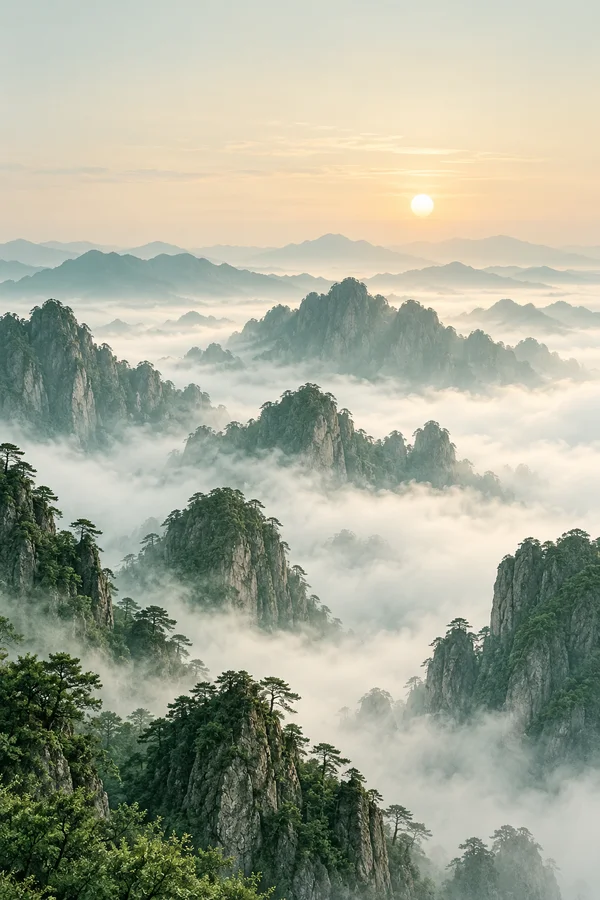 青绿色群山与晨雾，远处一轮暖阳