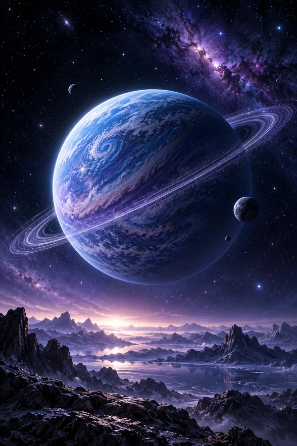 紫蓝色环状行星与深空星云