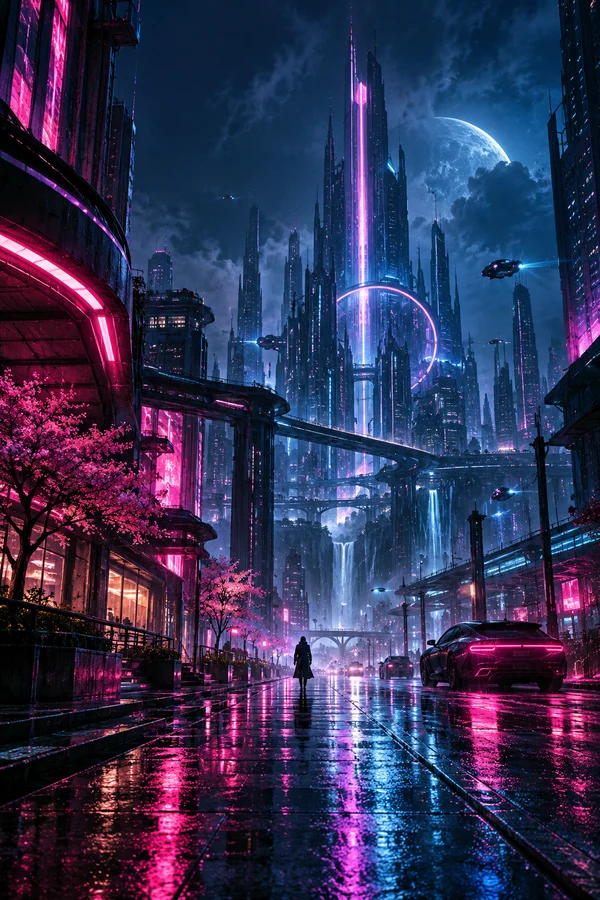 雨夜未来城市中的蓝紫色霓虹光影