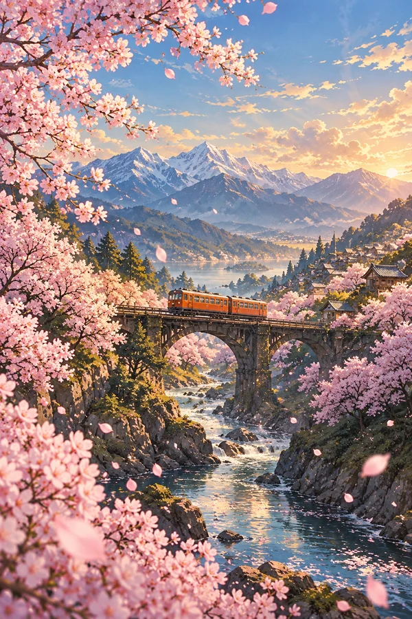 粉色樱花环绕的桥梁与橙色电车插画